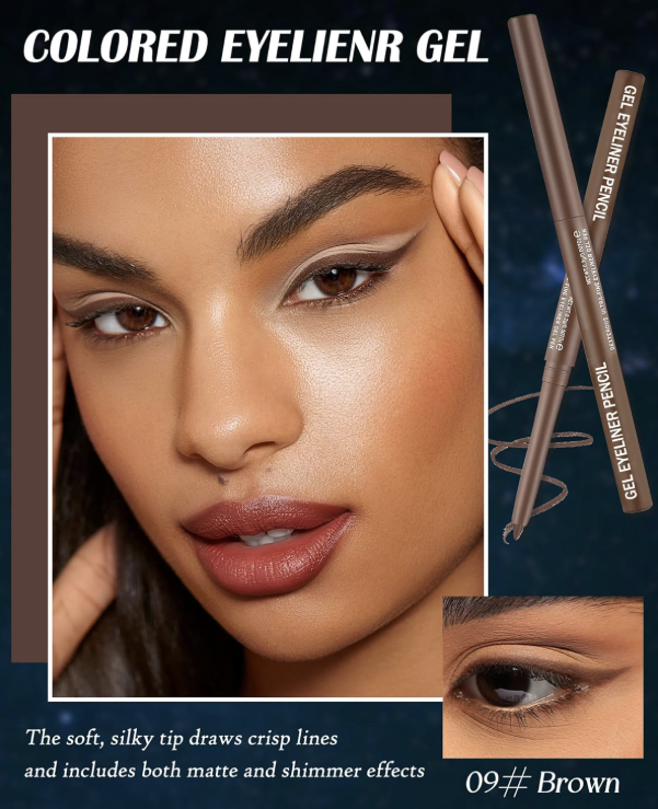Brown Matte Gel Eyeliner Pencil Waterproof, Metallic Retractable Cream Smooth Eye Liner Pencils, Long Lasting Waterline Hypoallergenic Eyeliner Pen, Highly Pigmented Smudge-Proof Makeup for Women-09
