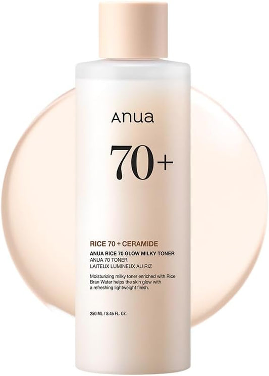 Anua Rice 70 Glow Milky Toner, Glass & Dewy Skin, Hydrating & Barrier Care, Rice Water, Niacinamide, Ceramides, All Skin Types, Fragrance-Free, Non Comedogenic, Korean Skincare, 8.45fl.oz