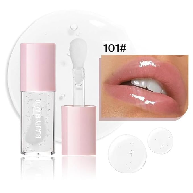 Beauty Glazed Big Brush Head Jelly Lip Oil, Ultra-Hydrating & Nourishing, Smooth Glossy Finish Lip Glow Oil, Shiny and Vegan Tinted Lip Gloss, Non-Sticky Formula (101# Clear Gloss)