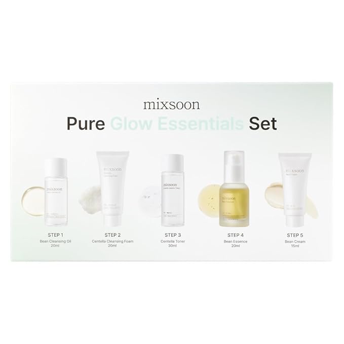 mixsoon Pure Glow Essentials Set-5-Step Skincare Kit - Hydrating Skincare Gift Set, Cleansing Oil, Foam, Toner, Essence, Cream (15ml*1+20ml*3+30ml*1) 105ml / 3.55 Fl. Oz. Korean Glass Skin Care