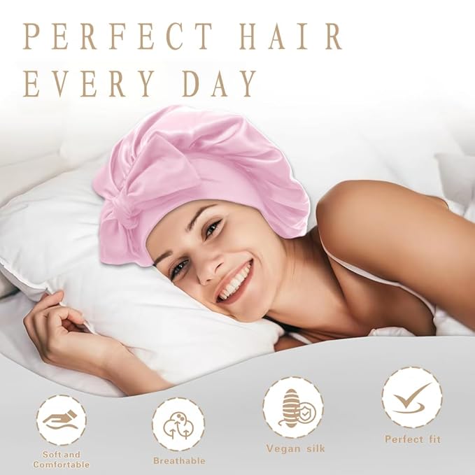 Silk Bonnet for Sleeping Women, Ajustable Hair Bonnet for Curly Hair with Tie Band Shower Caps Pink，Large