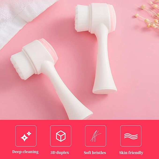 Double Sides Face Brushs, 3D Stand Vertical Silicone Facial Wash Brush, 2 in 1 Facial Cleansing Brush Manual Dual-Action Face Brush for Sensitive, Delicate, Dry Skins (2Pack/Pink)