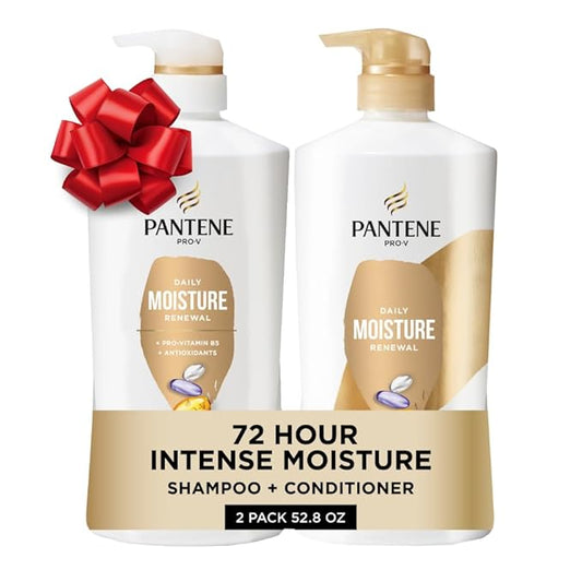 Pantene Shampoo & Conditioner Set, Daily Moisture Renewal - Pro-V Nutrients for Dry, Color-Treated, Straight to Curly Hair, 72-Hour Hydration & Softness, 52.8 Oz Total + Miracle Rescue Shot (0.5 Oz)