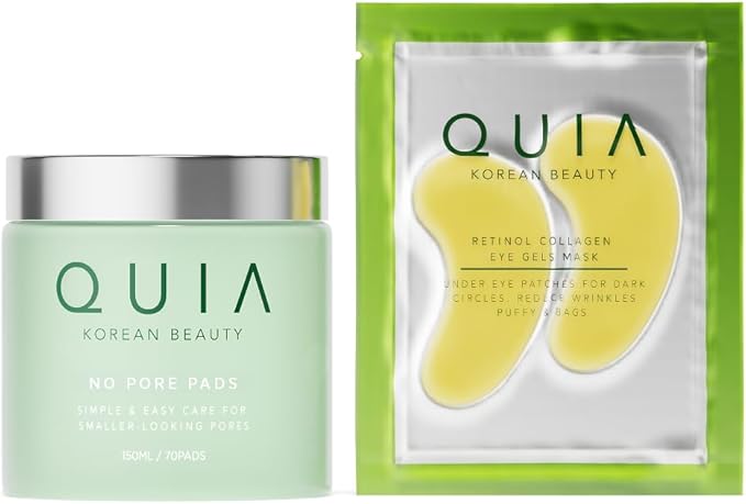 QUIA Korean Skincare Duo - Toner Pads + Hydrogel Eye Patches - Complete Facial Hydration System - Refine Texture, Depuff & Smooth Fine Lines - No-Slip Formula for Refreshed, Radiant Skin