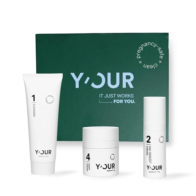 Y'OUR Non-Toxic, Pregnancy-Safe Skincare Set – 3-Step System with Cleanser, Day Cream & Night Cream – Soothing & Rejuvenating – Gentle and Non-Comedogenic Formula. Holiday Gift Bundle