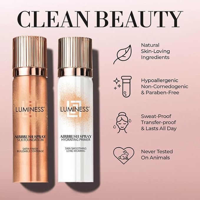 LUMINESS Silk Airbrush Spray Foundation 3-PC Kit - Foundation, Primer & Dual-Sided Angled Makeup Brush - Buildable Coverage, Anti-Aging Formula, Humidity Resistant, Hydrates & Moisturizes, Warm