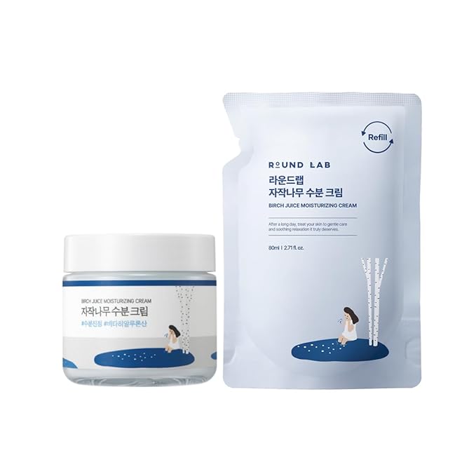 ROUND LAB Birch Juice Moisturizing Cream 2.7 Fl Oz 1+1 Refill Included Set, 48-Hour Hydrating Face Moisturizer with Vita Hyaluronic Acid, Gentle on Acne-Prone and Sensitive Skin, Korean Skin Care