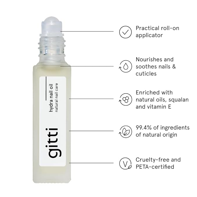 gitti Hydra Nail Oil I Natural Nail Care, Non-Toxic, 99.4% Natural Origin, 30-Free, Plant-based, Cruelty-Free, Nourish and Soothes Nails and Cuticles, Roll-on Applicator, 0.24 Fl Oz