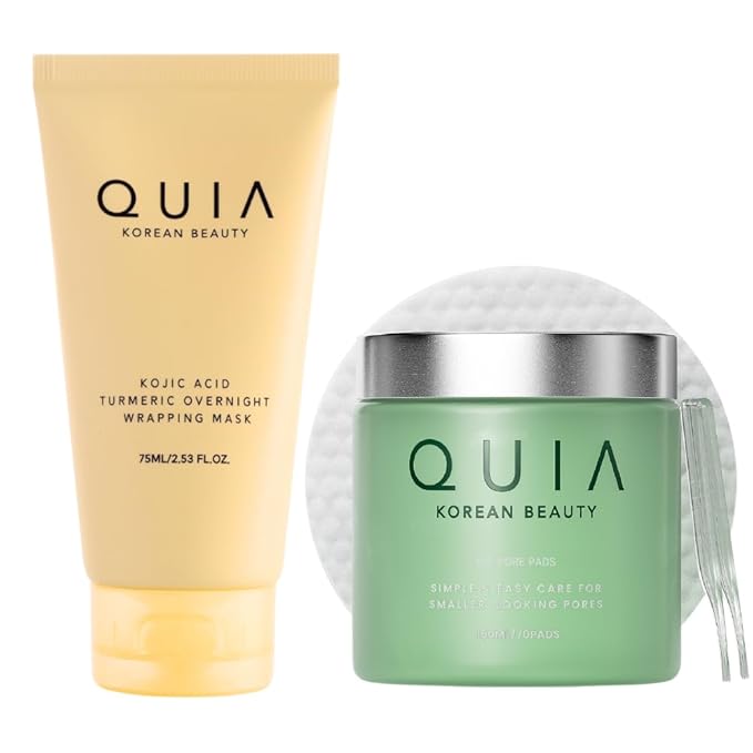 QUIA Korean Skincare Duo - Toner Pads + Turmeric Kojic Acid Wrapping Mask - Dual-Step System for Radiant, Refined Texture & Hydrated Skin - Gentle Exfoliation + Overnight Treatment - 75ML