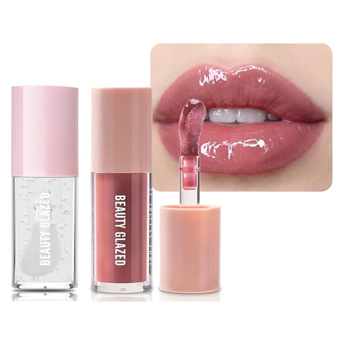 Beauty Glazed Big Brush Head Lip Oil, Ultra-Hydrating & Nourishing, Smooth Glossy Finish Lip Glow Oil, Shiny and Vegan Tinted Lip Gloss, Non-Sticky Formula (2, Clear & Pink)