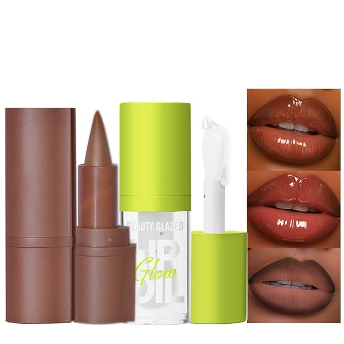 Beauty Glazed 2Pcs Lip Oil and Lip Liner Set, Gradient Brown Lip Liner and Lipstick Lip Combo Set, Smooth Glossy Finish Lip Glow Oil for Black Women (2, Coffee Bean Set)