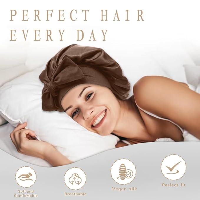 Silk Bonnet for Sleeping Women, Ajustable Hair Bonnet for Curly Hair with Tie Band Shower Caps Brown，Large