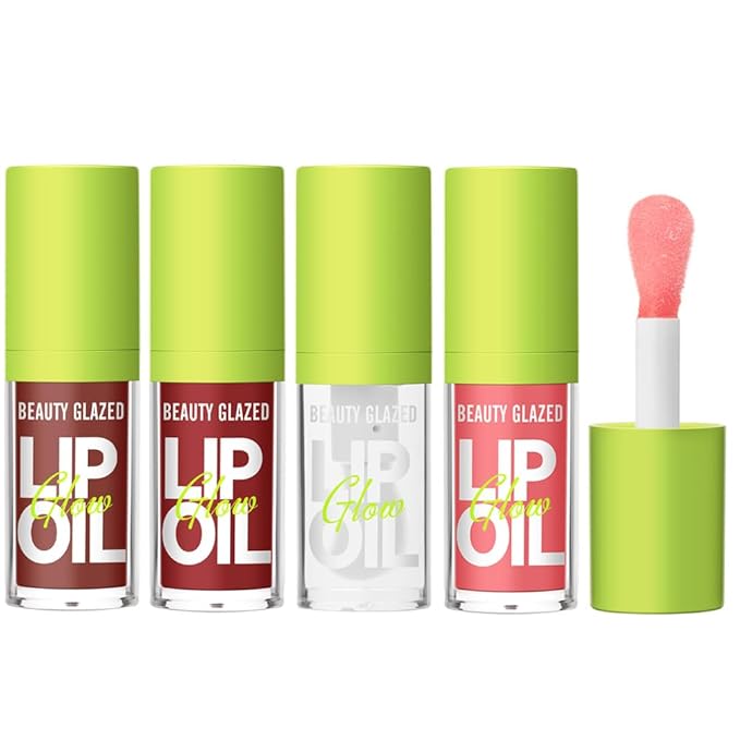 Beauty Glazed Big Brush Head Lip Oil, Ultra-Hydrating & Nourishing, Smooth Glossy Finish Lip Glow Oil, Shiny and Vegan Tinted Lip Gloss, Non-Sticky (4, 101# 102# 105# 107#)
