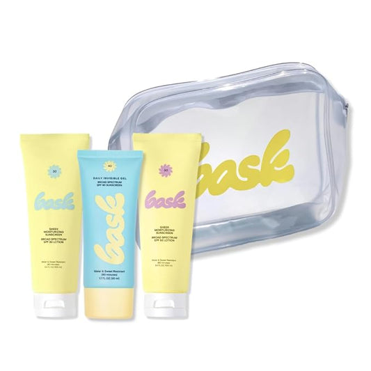Bask Sunscreen Carry-on Kit: Travel Size Gift Set Bundle with Beach and Travel Pouch | SPF 30 & 50 Sheer Moisturizing Lotion, Daily Invisible Gel SPF 40 Face Sunscreen, & Convenient Travel Pouch
