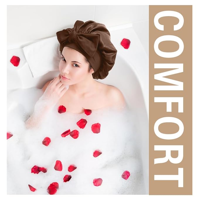 Silk Bonnet for Sleeping Women, Ajustable Hair Bonnet for Curly Hair with Tie Band Shower Caps Brown，Large