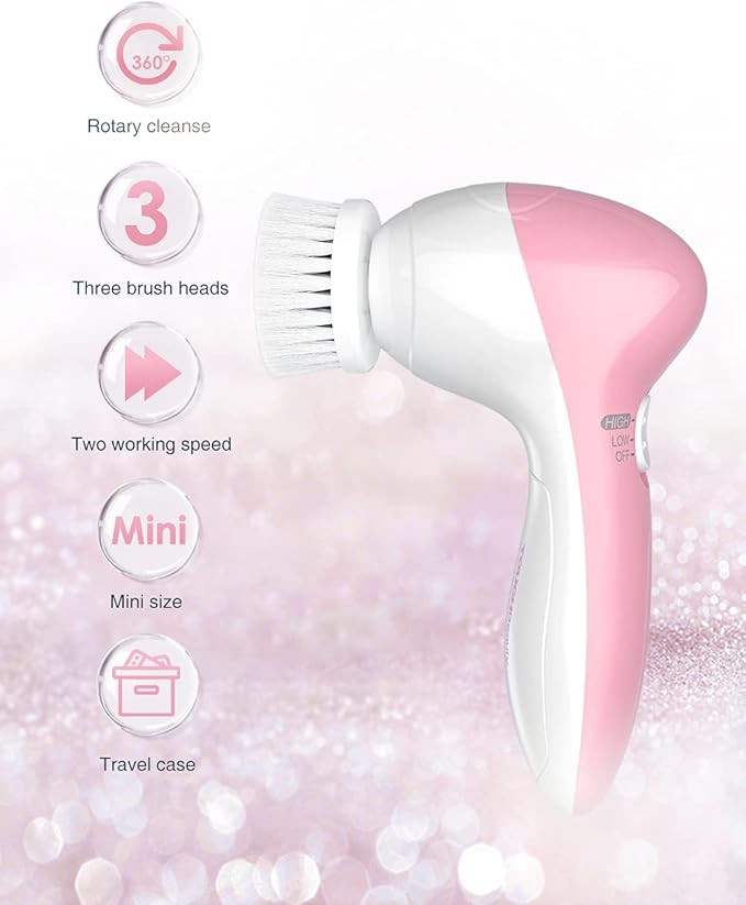 Electric Facial Cleansing Brush for Women, 3-in-1 Face Cleanser and Exfoliator Brush with 3 Brush Heads, 2 Speeds, Waterproof Spin Brush, Travel Size Case (Pink, Battery Operated)