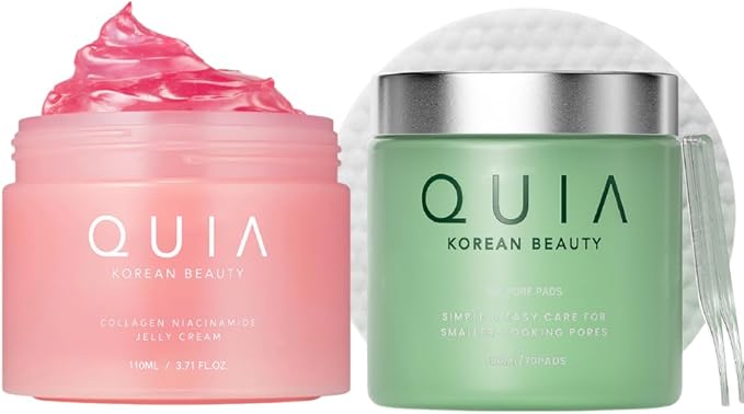 QUIA Korean Skincare Duo - Toner Pads + Collagen Jelly Cream - Lightweight Daily Hydration System - Refine Texture, Plump & Firm Appearance - Non-Greasy Gel Moisturizer for Glowing Skin