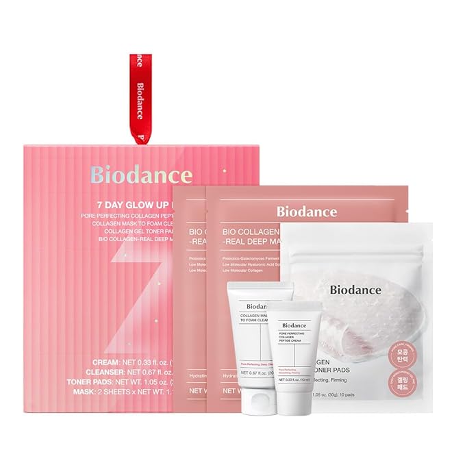 BIODANCE 7 Day Glow Up Kit: Collagen Gift Set for Glass-Skin, Korean Skin Care with Mask to Foam Cleanser, Toner Pads, Moisturizer, Gel Masks, Valentines Day Gifts for Her, Skin Care Set