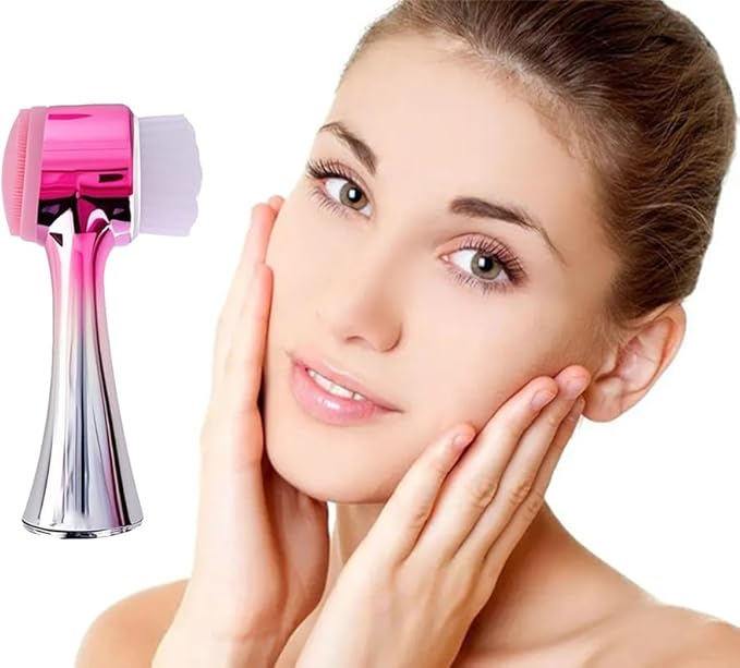 Facial Cleansing Brush 2 in 1Double-Sided Facial Cleaning Brush with Soft Bristles for Deep Pore Exfoliation, Wash Makeup, Massaging (Silver)