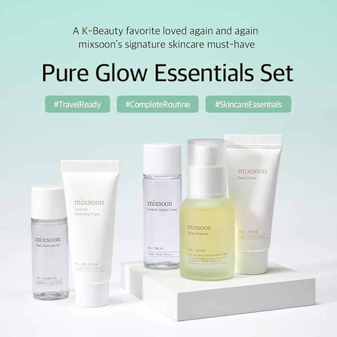 mixsoon Pure Glow Essentials Set-5-Step Skincare Kit - Hydrating Skincare Gift Set, Cleansing Oil, Foam, Toner, Essence, Cream (15ml*1+20ml*3+30ml*1) 105ml / 3.55 Fl. Oz. Korean Glass Skin Care