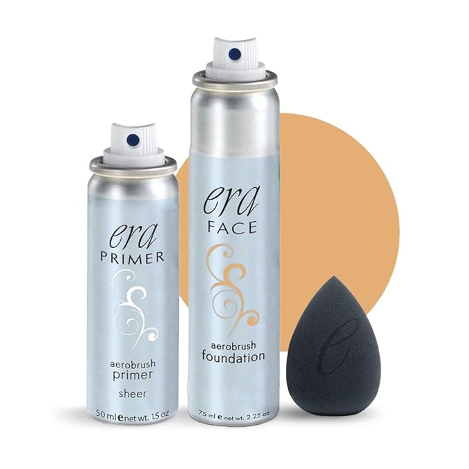 ERA Beauty Essentials Airbrush Makeup Collection (Era Face spray on Foundation - R6 Ginger + Era Primer + Sponge)