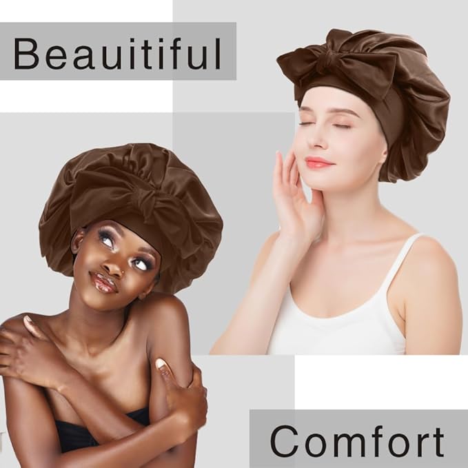Silk Bonnet for Sleeping Women, Ajustable Hair Bonnet for Curly Hair with Tie Band Shower Caps Brown，Large