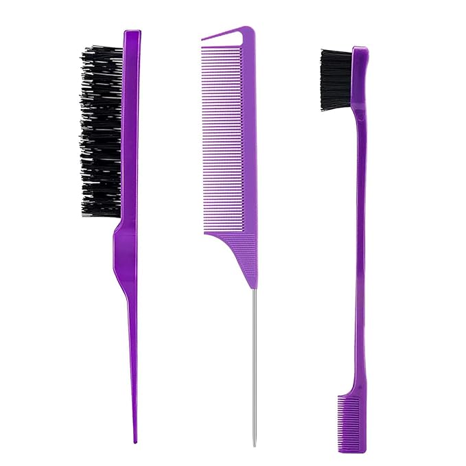 3 Pieces Hair Styling Comb Set Teasing Brush Rat Tail Comb Edge Brush for Edge&Back Brushing, Combing, Slicking Hair for Women (Purple)