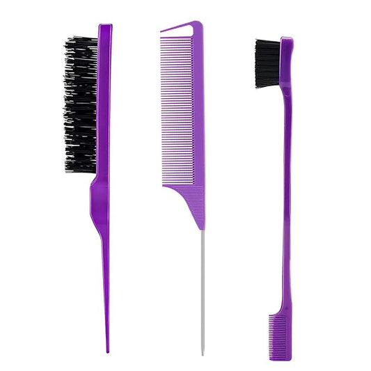 3 Pieces Hair Styling Comb Set Teasing Brush Rat Tail Comb Edge Brush for Edge&Back Brushing, Combing, Slicking Hair for Women (Purple)