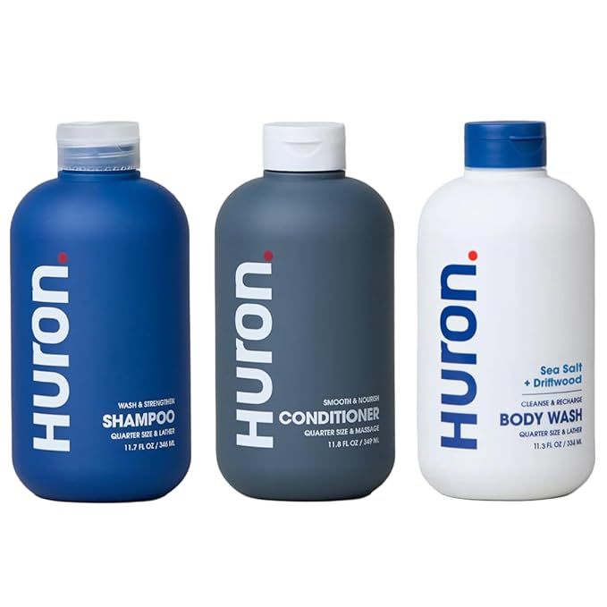 Huron Shower Kit - Shampoo, Conditioner, & Body Wash For Men - Sea Salt + Driftwood Scent - Hydrating & Nourishing Men’s Shampoo & Conditioner