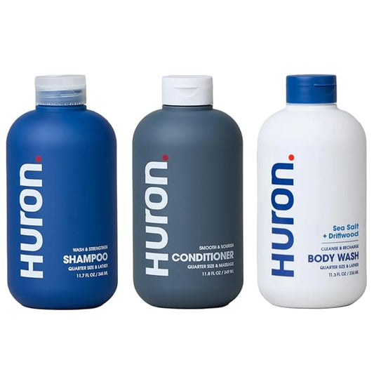 Huron Shower Kit - Shampoo, Conditioner, & Body Wash For Men - Sea Salt + Driftwood Scent - Hydrating & Nourishing Men’s Shampoo & Conditioner