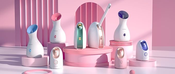 Newbealer Facial Steamer, Mini Aroma Face Steamer, Nano Ionic Hot Mist Facial Humidifier Atomizer, Home Sauna Spa Sprayer Moisturizing Cleansing Pores, 9 Pieces Acne Remover Kit (Pink-Gold, 160ml)