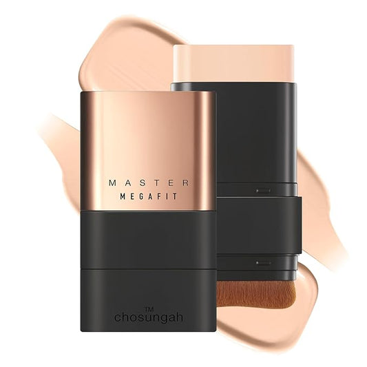 Mega Fit Master Glow Stick Foundation with Brush, 120H Long Lasting Radiant Coverage, All-in-One Stick for Easy Application, K-Beauty, Shade 21, 0.56oz (01 Light Beige)