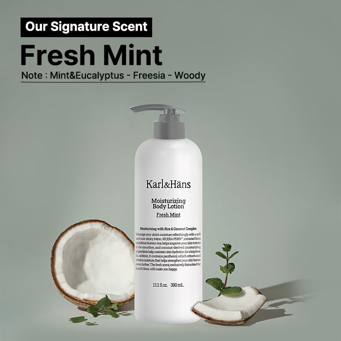 Karl&Hans Moisturizing Body Lotion – Cooling Hydration with Coconut-Derived Extracts, RICERA PDRN & Ceramide Complex, Lightweight, Refreshing Care (Fresh Mint)