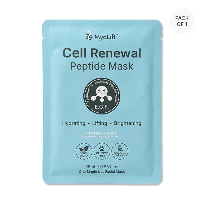 MYOLIFT Cell Renewal Peptide Mask(EGF)– 100%Vegan, Bio-Cellulose FaceMask for CellRenewal, Skin Firming, Hydrating & Brightening-with Niacinamide, Hyaluronic Acid& EGF|Korean Skincare Sheet Mask–Pack5