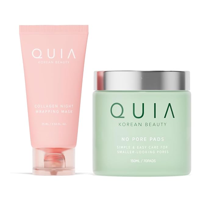 QUIA Korean Skincare Set - Toner Pads + Collagen Wrapping Mask - Dual-Step System for Visibly Smoother Texture, Refined Pore Appearance & Glass Skin - Gentle Exfoliation + Overnight Firming Treatm