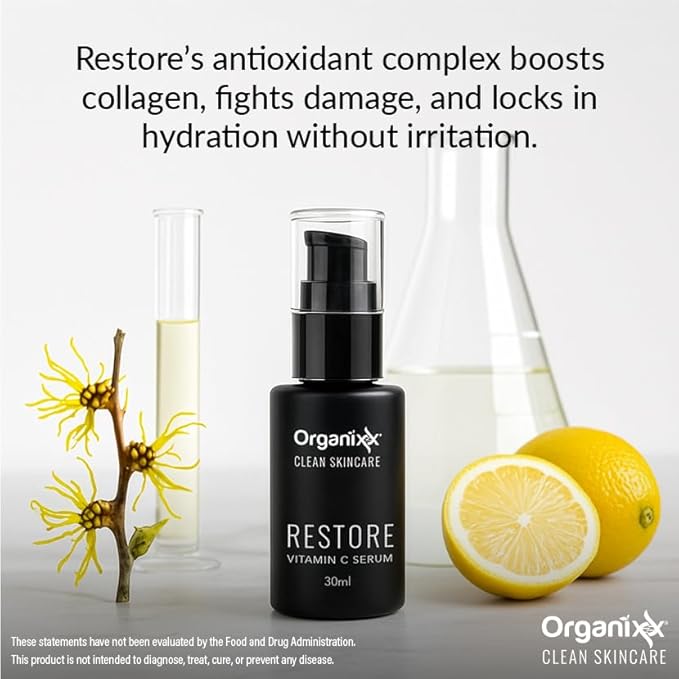 Organixx Restore Vitamin C Serum, Daily Face Serum With Hyaluronic Acid, Organic Vitamin E, Witch Hazel, Glycerin, & Aloe Vera, Brightening Formula, Gentle on Sensitive Skin, Vegan Skin Care, 1 FL Oz