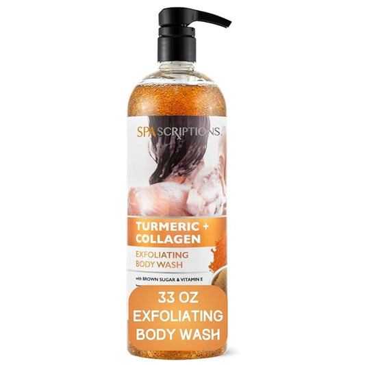 SpaScriptions Turmeric & Collagen Exfoliating Body Wash - Gentle, Brightening, Scented Body Wash Scrub with Brown Sugar & Vitamin E for Smooth Hydrated Skin, pH Balanced, Paraben Free, 33 oz