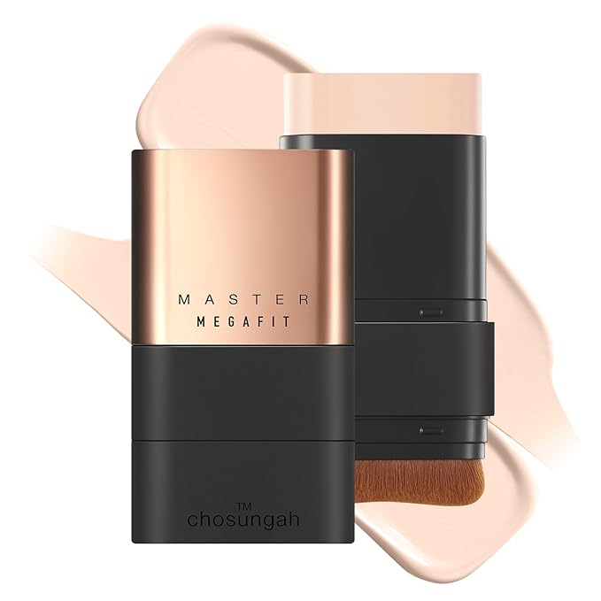 Mega Fit Master Glow Stick Foundation with Brush, 120H Long Lasting Radiant Coverage, All-in-One Stick for Easy Application, K-Beauty, Shade 19-21, 0.56oz (00C Fair)