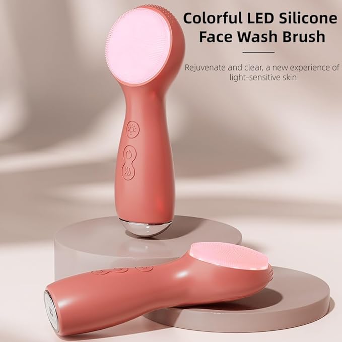Facial Cleansing Brush Electric, Silicone Heated Face Scrubber with 7 LED Lights, Rechargeable Vibration Exfoliating Cleanser for Deep Cleaning & Gentle Massage, Skin Care Tool, Ideal Gift (Brown)