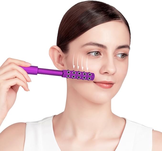 30-Stone Facial Roller - Cooling Face & Neck Massager Tool for Skin Rejuvenation | 360° Contouring with Germanium Stones & Aircraft Aluminum | Portable 7.6" Beauty Roller - Purple