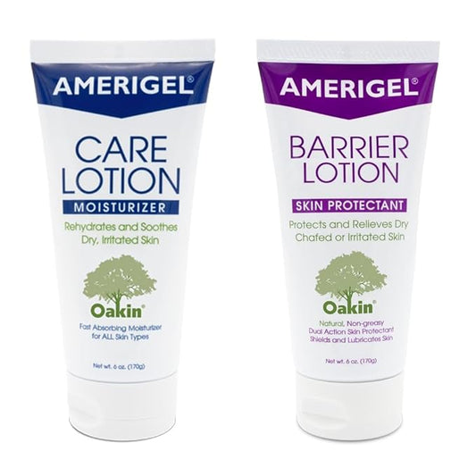 AMERIGEL Total Day & Night Skin Care Bundle - Care Lotion Hypoallergenic Moisturizer & Diabetic Skin Care (6 oz.) - Barrier Lotion Skin Protectant To Protect Chafed Skin (6 oz.)