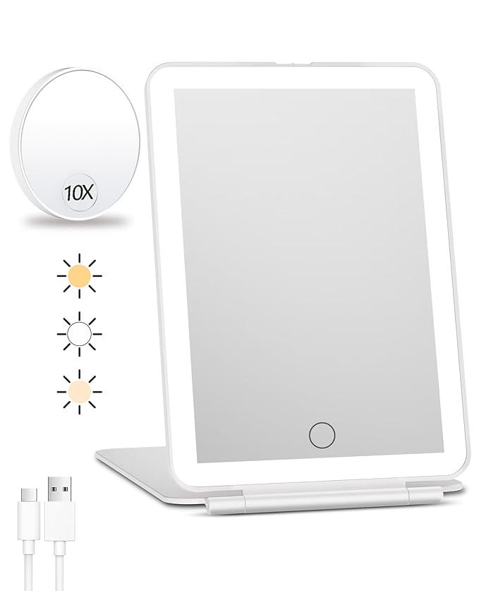FUNTOUCH Rechargeable Travel Makeup Mirror with Lights and 10X Magnifying Mirrors, Portable Lighted Vanity Mirror with 80 Led,2000mAh Battery,3 Color Lighting,Touch Dimming,Tabletop Light up Mirror