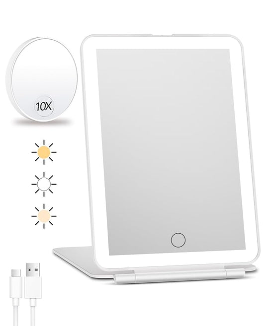 FUNTOUCH Rechargeable Travel Makeup Mirror with Lights and 10X Magnifying Mirrors, Portable Lighted Vanity Mirror with 80 Led,2000mAh Battery,3 Color Lighting,Touch Dimming,Tabletop Light up Mirror