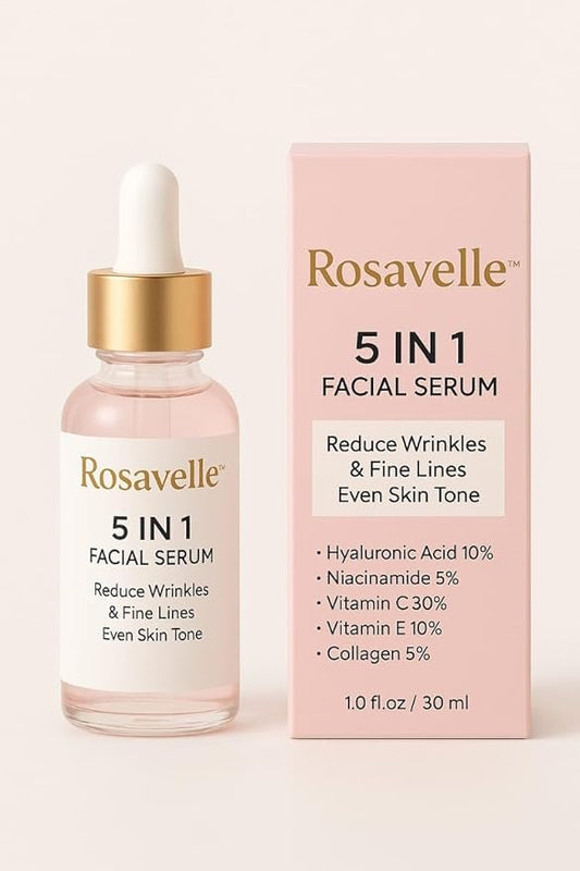 Rosavelle™ Facial Serum with Hyaluronic Acid, Vitamin C, Niacinamide, Collagen & Vitamin E, 5-in-1 Lightweight Face Serum for Daily Skincare, 1.0 fl oz