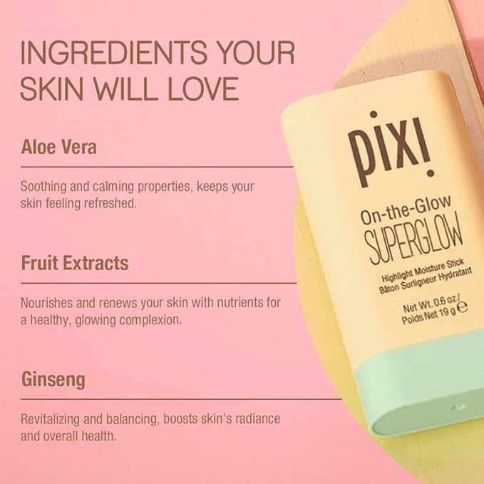 Pixi On-the-Glow SuperGlow | Shade GildedGold | Hydrating Highlighter Stick with Ginseng, Aloe Vera & Fruit Extracts | For Cheeks & Brow Bones | 19g / 0.6oz | Paraben-Free Luminous Natural Highlight