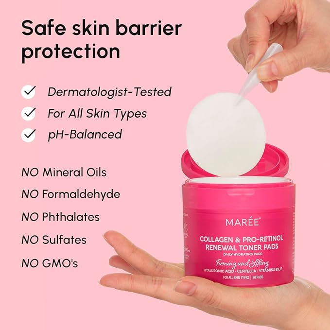 MAREE Collagen Acne Clearing Polishes - Toner Pads with Retinol - Minimizing Wrinkle Zero Pore Pads - Hydrating Toning Collagen Pad with Retinol & Centella Device - Anti Aging Brightening Wipes