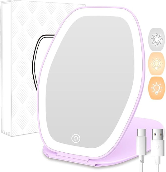 Travel Makeup Mirror with Light: 3 Color Lighting Portable Mirror with Touch Screen Rechargeable Adjustable LED Lights Hexagon Vanity Mirror for Travel, Desk, Home (Purple)