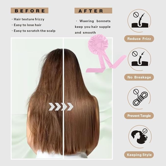 Silk Bonnet for Sleeping Women, Ajustable Hair Bonnet for Curly Hair with Tie Band Shower Caps Pink，Large