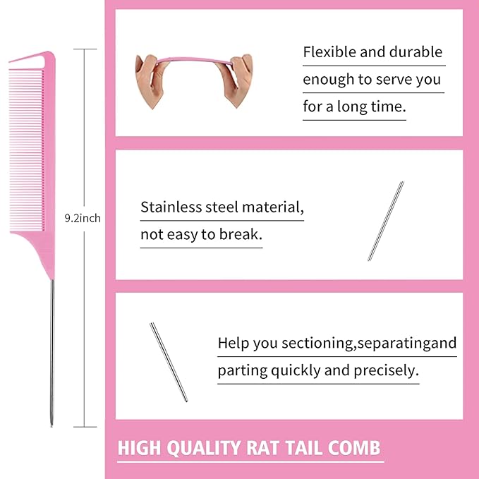 Goiple Hair Styling Brush Set, 12 Pieces Nylon Teasing Hair Brush Rat Tail Comb with Duckbill Clips, Double Sided Edge Brush for Edge & Back Brushing, Combing, Slicking Hair for Women Girls (Pink)