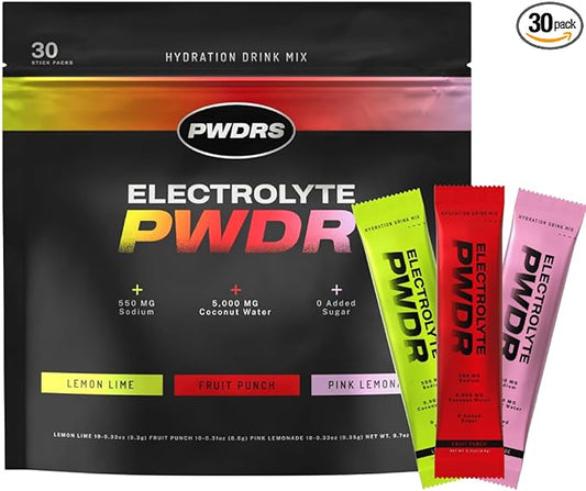 PWDRS Electrolytes | All Natural Electrolyte Packets | Zero Added Sugar | 5,000mg Coconut Water for Fast Hydration | Non-GMO, No Sucralose | 30ct Variety Pack